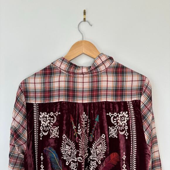 Johnny Was 3J Workshop Lorie Plaid Embroidered Shirt Burgundy M - Picture 7 of 10